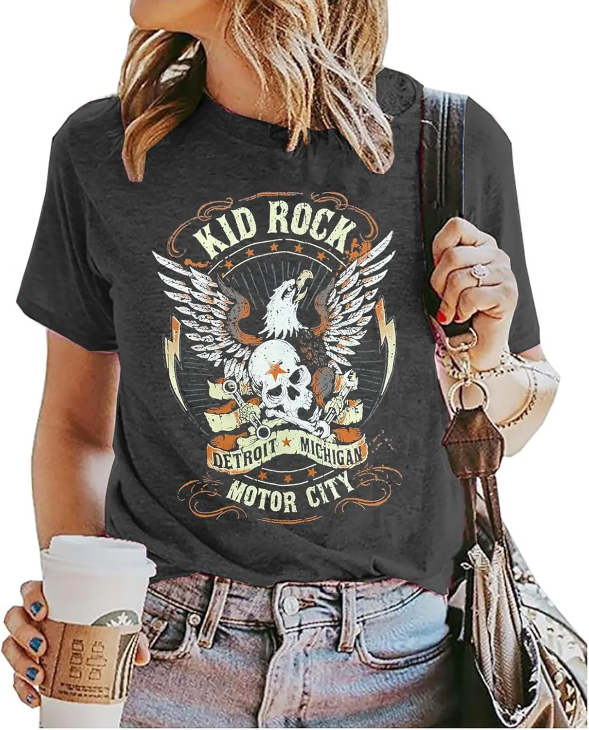 Vintage Rock Skeleton Eagle T Shirts for Women Casual Country Music Tshirts Funny Summer Rock Band Concert Shirt Top
