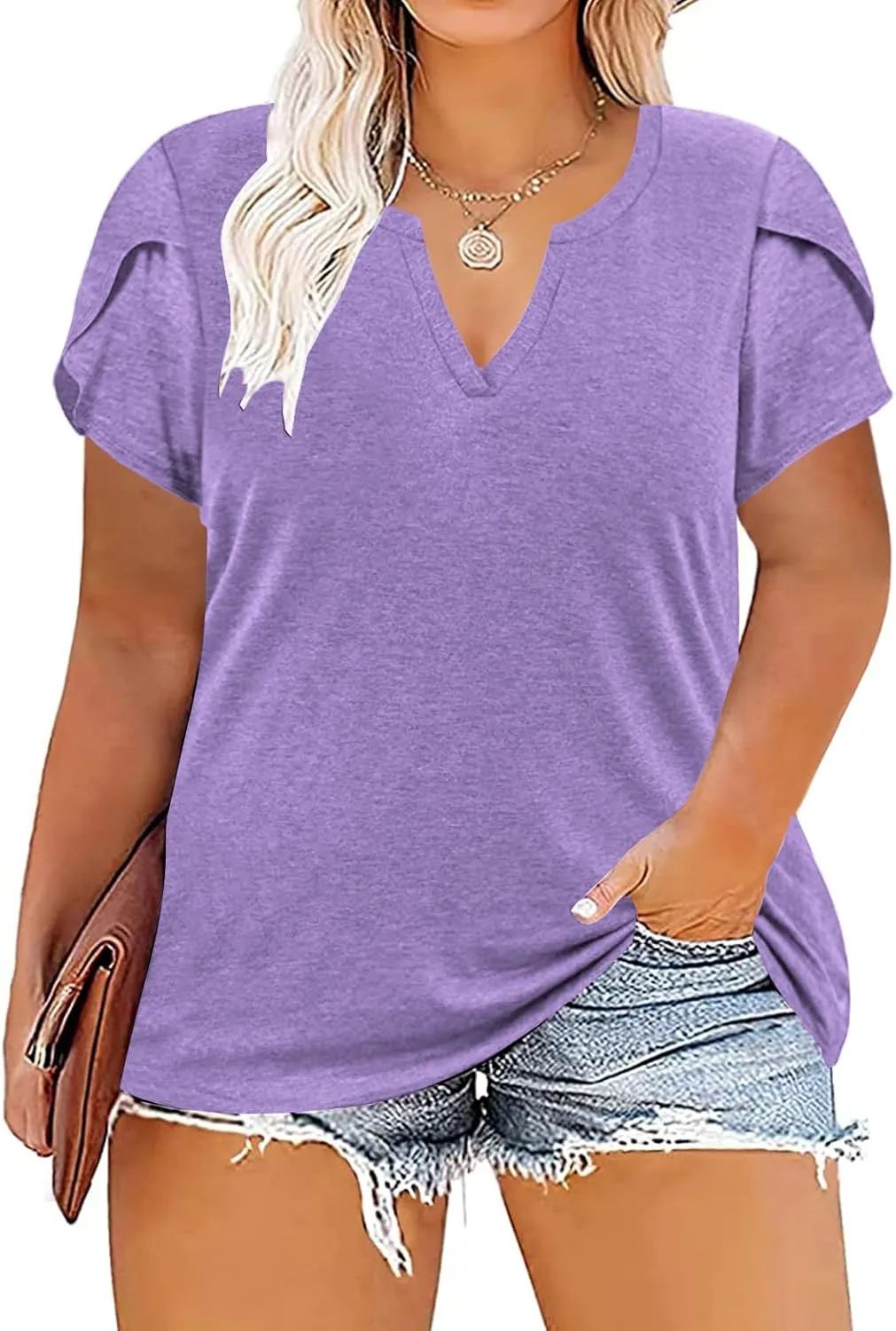 VISLILY Plus-Size-Tops for Women Casual Petal Sleeve T Shirts Summer V Neck Loose Comfy Tee