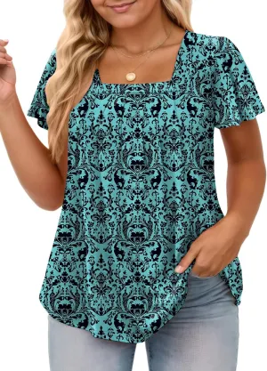 VISLILY Womens-Plus-Size-Summer-Tops Casual Ruffle Sleeve T Shirts Trendy Square Neck Tunics Loose Comfy Pleated Tees
