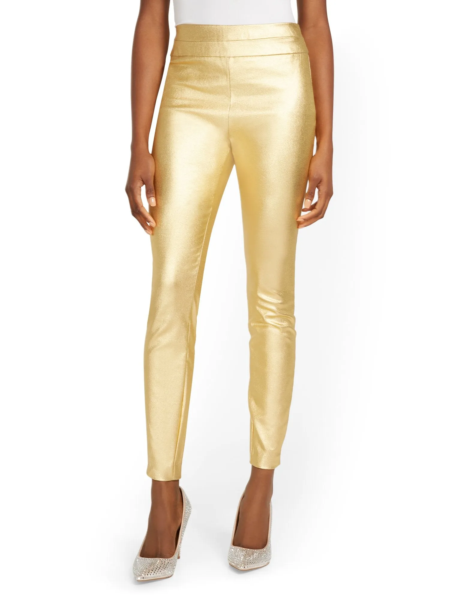 Whitney High-Waisted Pull-On Slim-Leg Pant - Metallic Gold