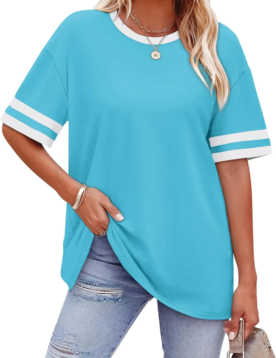 WIHOLL Womens T Shirts Loose Fit Short Sleeve Tees Crew Neck Color Block Summer Tops 2025 Fashion