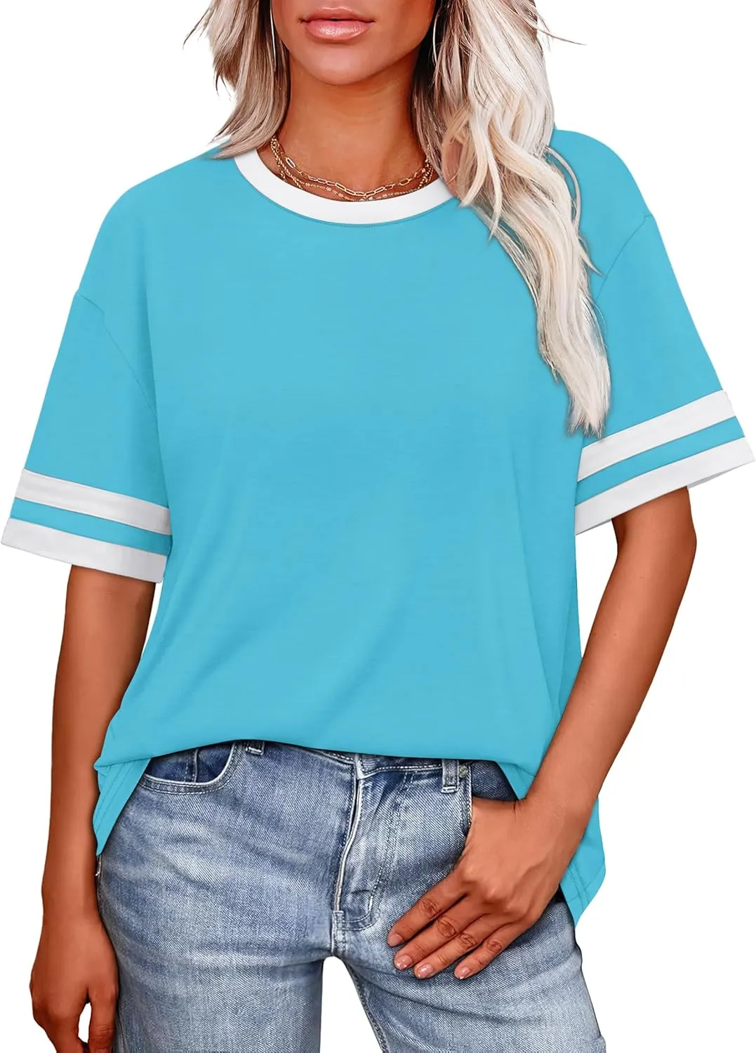 WIHOLL Womens T Shirts Loose Fit Short Sleeve Tees Crew Neck Color Block Summer Tops 2025 Fashion