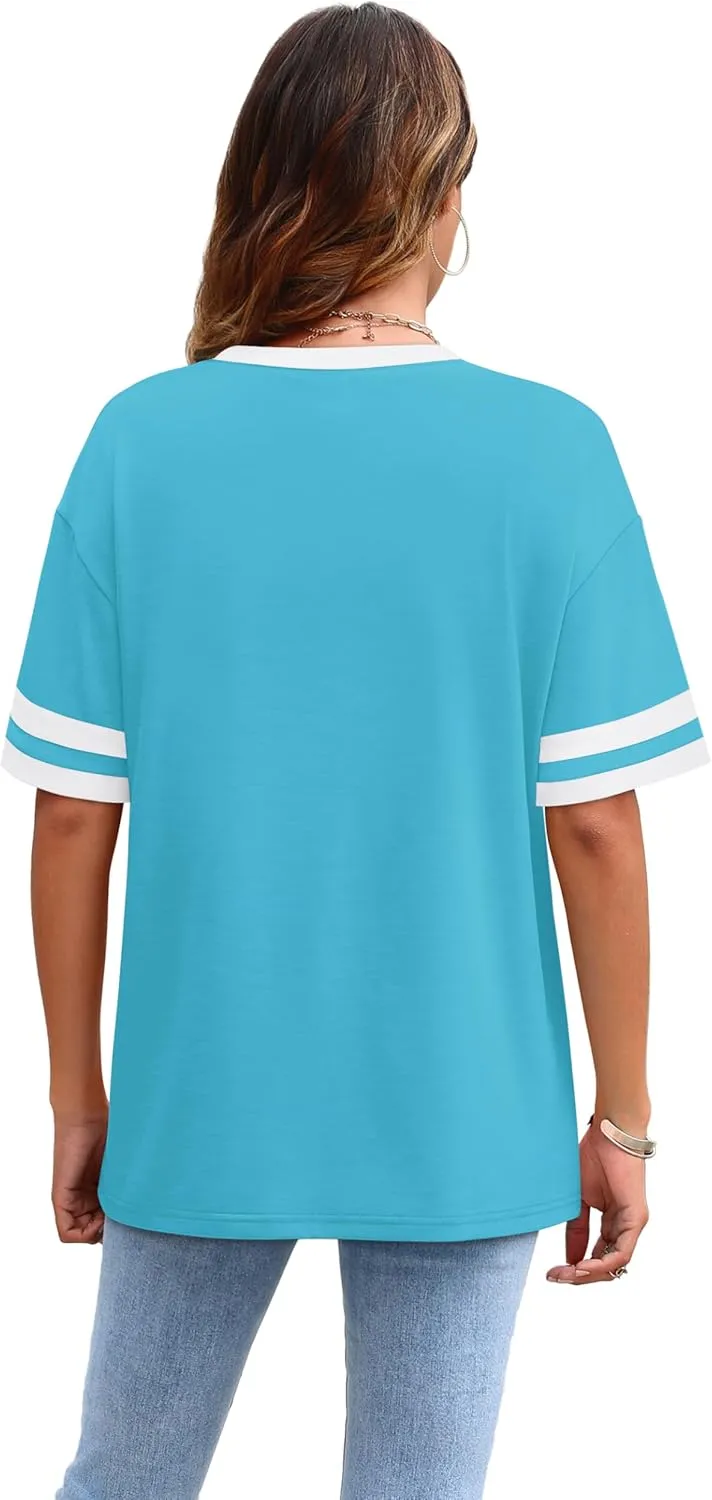 WIHOLL Womens T Shirts Loose Fit Short Sleeve Tees Crew Neck Color Block Summer Tops 2025 Fashion