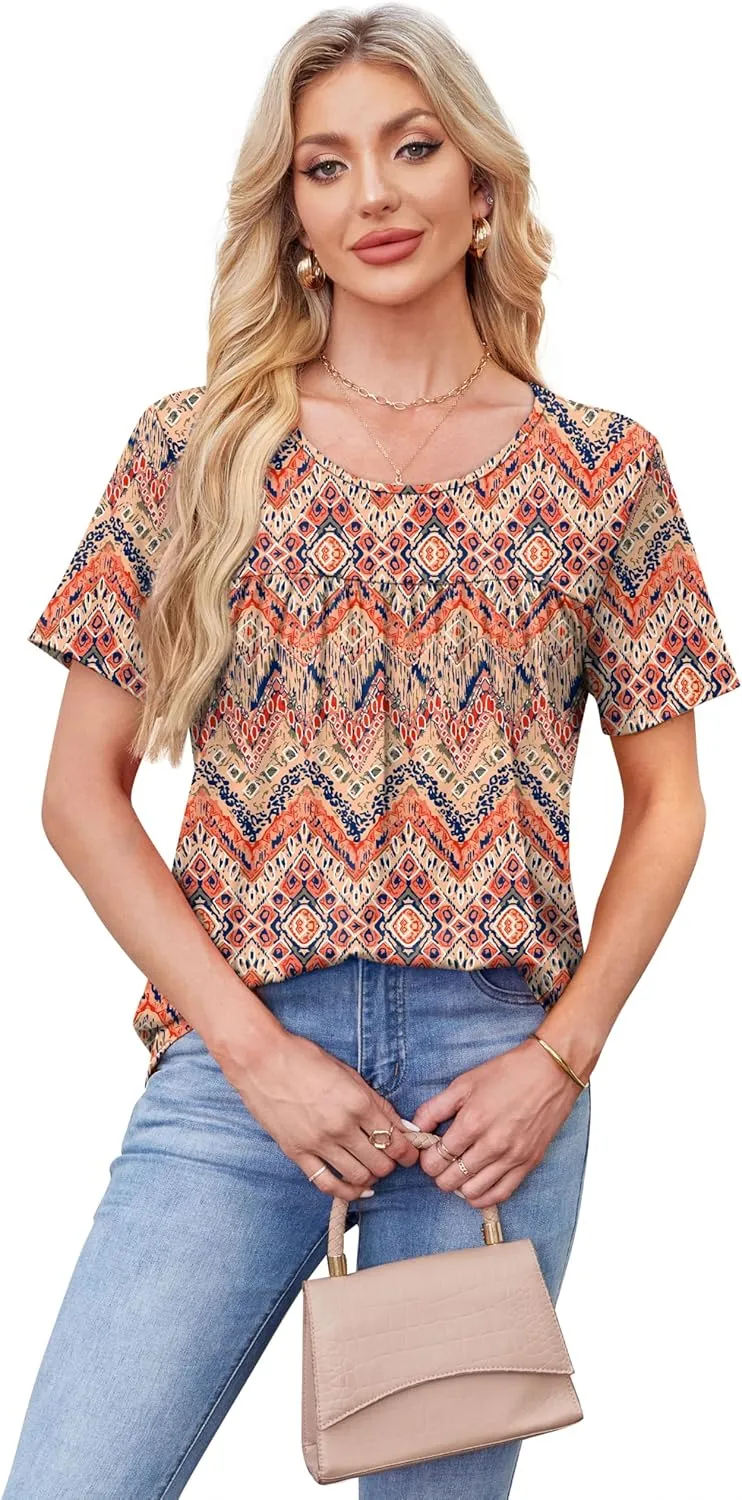 WIHOLL Womens Tops Short Sleeve T Shirts Pleated Dressy Casual Round Neck Summer Clothes Outfits Blouses Loose Fit