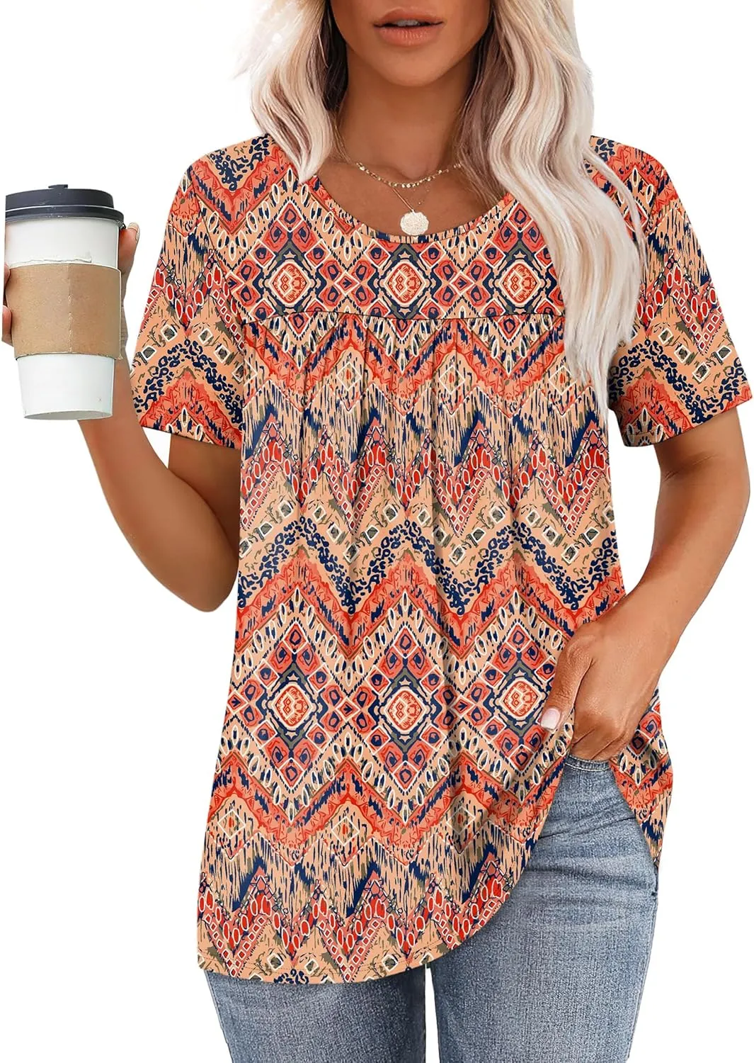 WIHOLL Womens Tops Short Sleeve T Shirts Pleated Dressy Casual Round Neck Summer Clothes Outfits Blouses Loose Fit