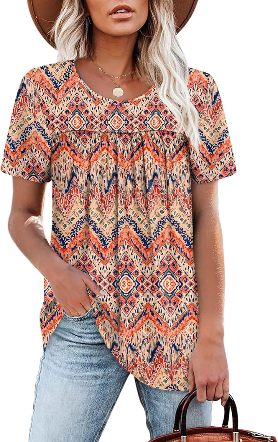 WIHOLL Womens Tops Short Sleeve T Shirts Pleated Dressy Casual Round Neck Summer Clothes Outfits Blouses Loose Fit