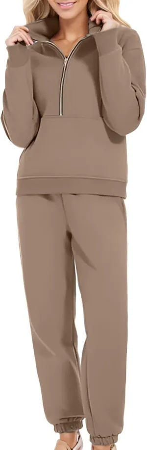 Women 2 Piece Tracksuits Fall Winter Half Zip Oversized Sweatshirt Sweatpants Matching Lounge Set Sweatsuits Pockets