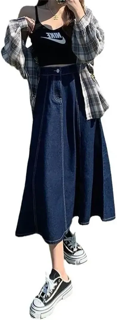 Women Denim Skirt High-Waisted Slimming Draped Design Shallow Blue Long Dress for