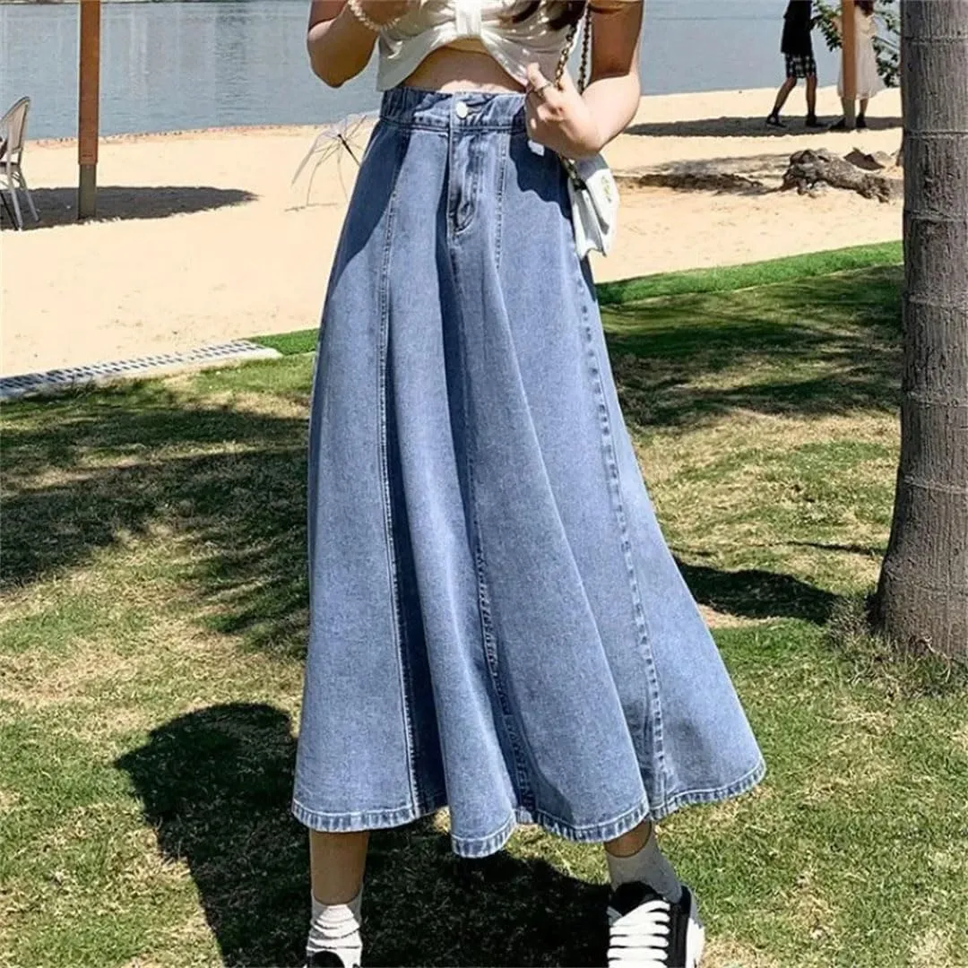 Women Denim Skirt High-Waisted Slimming Draped Design Shallow Blue Long Dress for