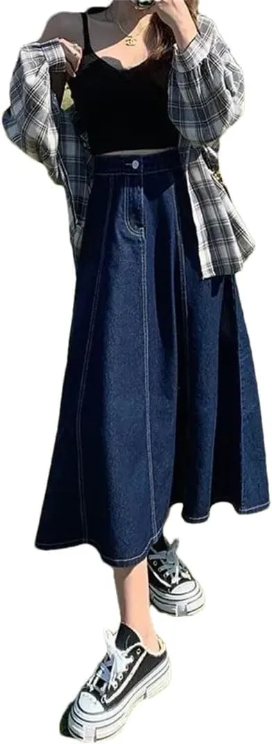 Women Denim Skirt High-Waisted Slimming Draped Design Shallow Blue Long Dress for