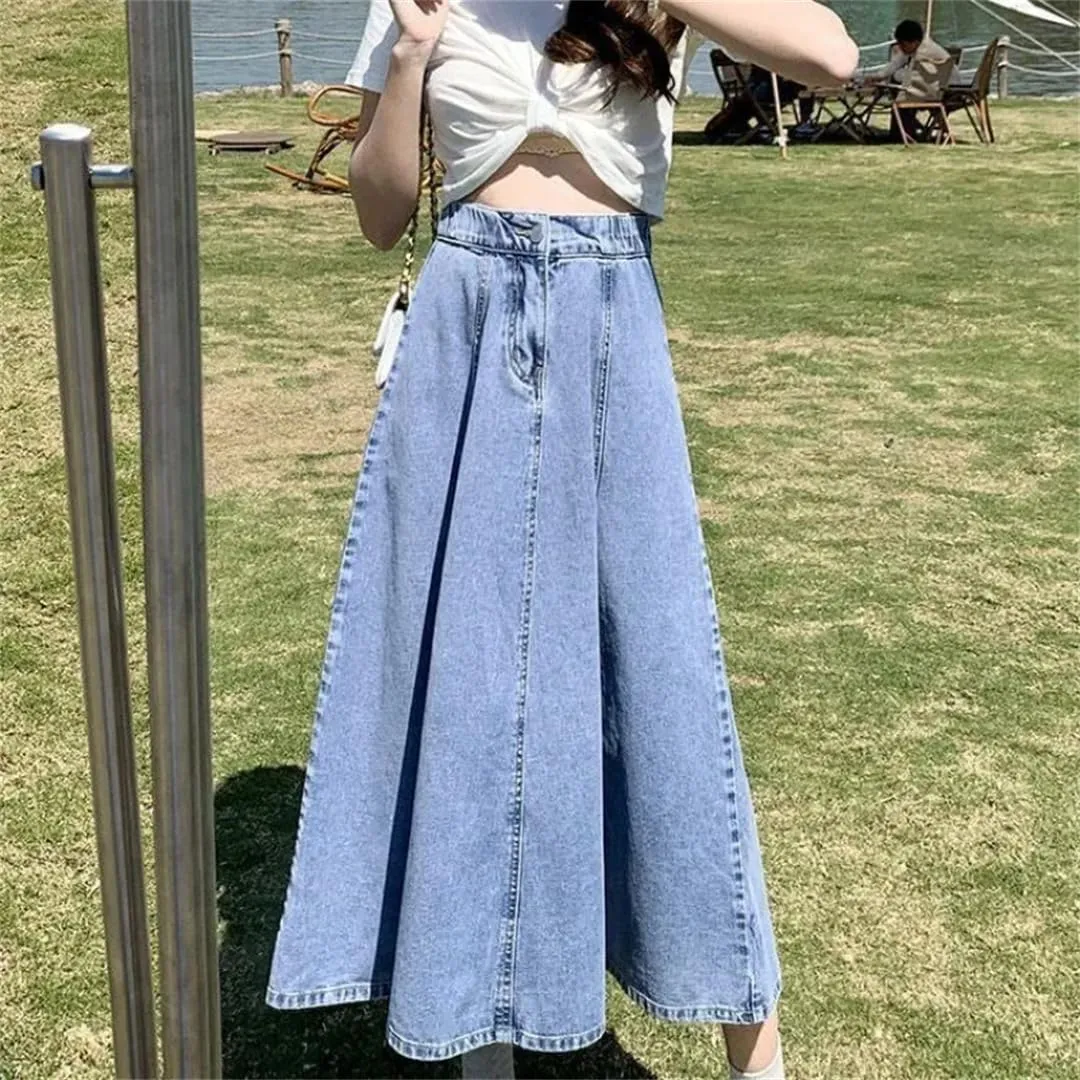 Women Denim Skirt High-Waisted Slimming Draped Design Shallow Blue Long Dress for