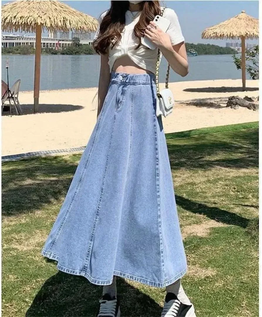 Women Denim Skirt High-Waisted Slimming Draped Design Shallow Blue Long Dress for