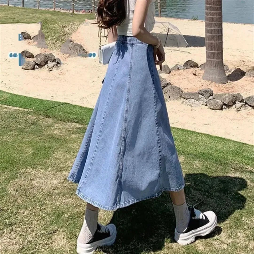 Women Denim Skirt High-Waisted Slimming Draped Design Shallow Blue Long Dress for
