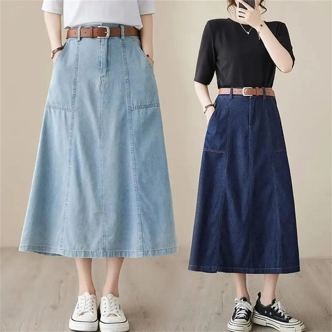 Women High Waisted Denim Skirt Korean Loose Design A-Line Medium Length Skirt Jeans