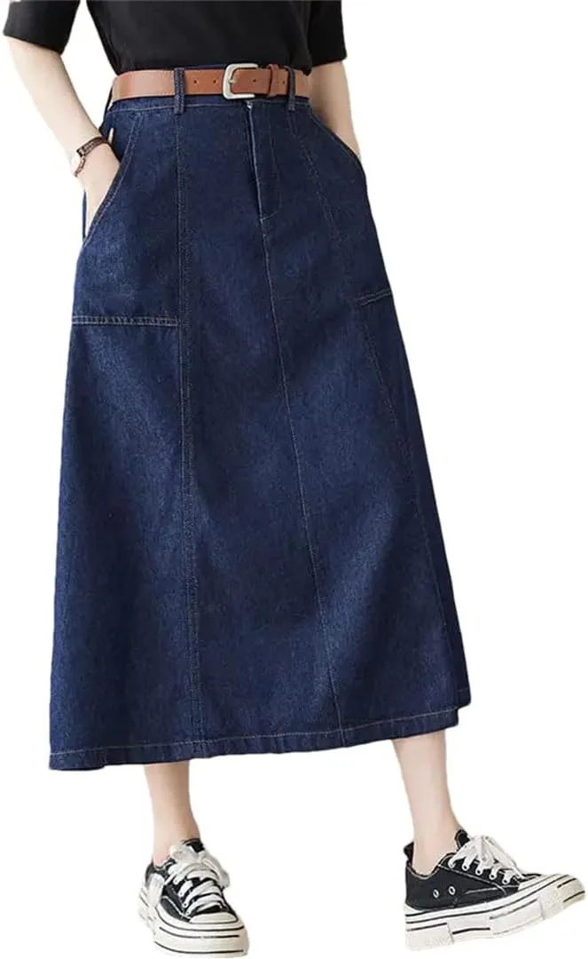 Women High Waisted Denim Skirt Korean Loose Design A-Line Medium Length Skirt Jeans