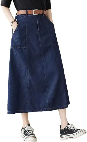 Women High Waisted Denim Skirt Korean Loose Design A-Line Medium Length Skirt Jeans