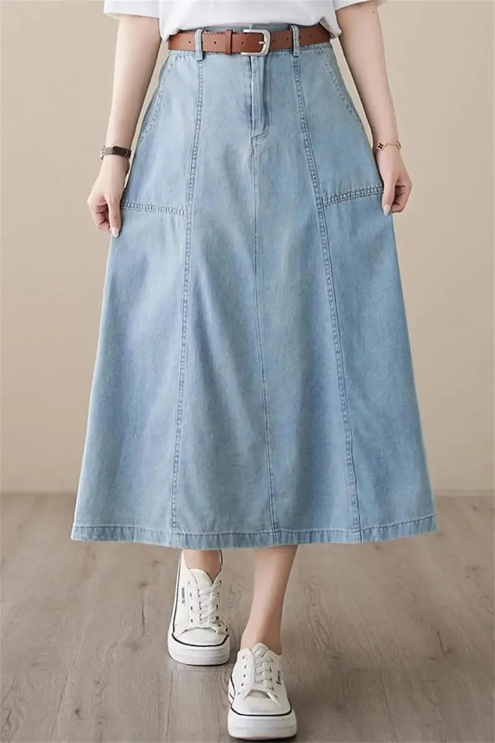 Women High Waisted Denim Skirt Korean Loose Design A-Line Medium Length Skirt Jeans