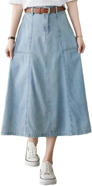 Women High Waisted Denim Skirt Korean Loose Design A-Line Medium Length Skirt Jeans