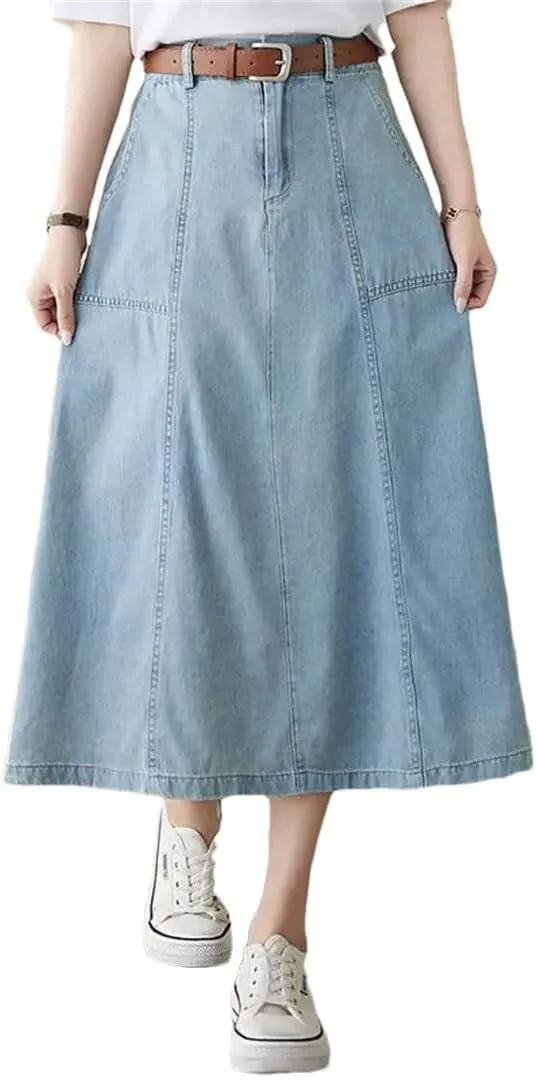 Women High Waisted Denim Skirt Korean Loose Design A-Line Medium Length Skirt Jeans