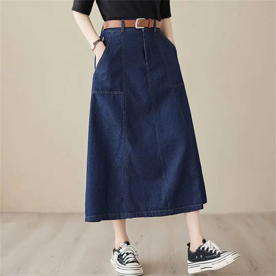 Women High Waisted Denim Skirt Korean Loose Design A-Line Medium Length Skirt Jeans