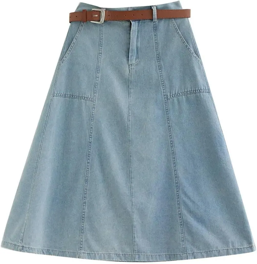 Women High Waisted Denim Skirt Korean Loose Design A-Line Medium Length Skirt Jeans