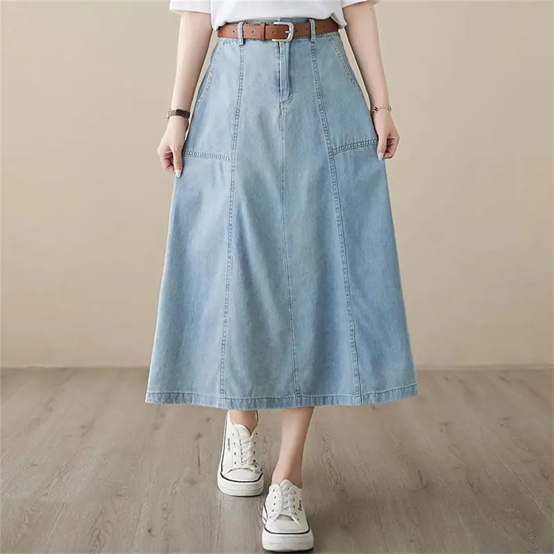 Women High Waisted Denim Skirt Korean Loose Design A-Line Medium Length Skirt Jeans