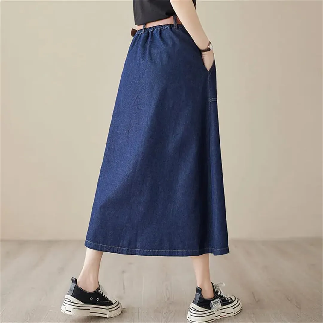 Women High Waisted Denim Skirt Korean Loose Design A-Line Medium Length Skirt Jeans