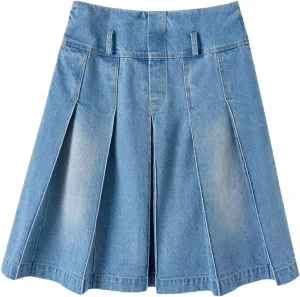 Women Knee-Length Denim Pleated Skirt Plain Midi Long Jean