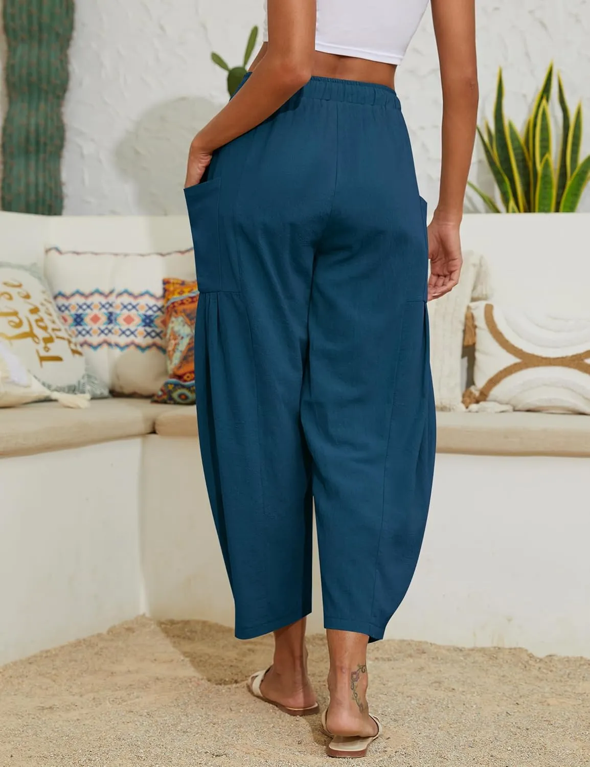 Women Linen Pants Wide Leg Boho Pants Loose Lightweigt Beach Palazzo Harem Pants with Pockets
