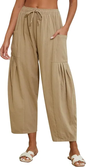 Women Linen Pants Wide Leg Boho Pants Loose Lightweigt Beach Palazzo Harem Pants with Pockets
