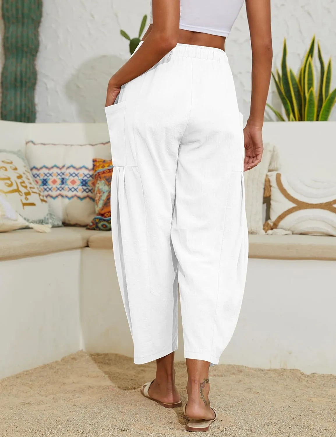 Women Linen Pants Wide Leg Boho Pants Loose Lightweigt Beach Palazzo Harem Pants with Pockets