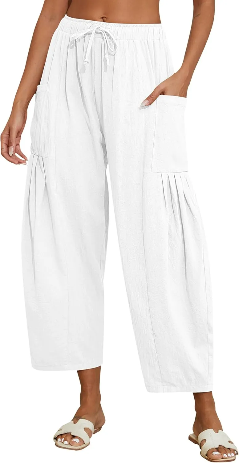 Women Linen Pants Wide Leg Boho Pants Loose Lightweigt Beach Palazzo Harem Pants with Pockets
