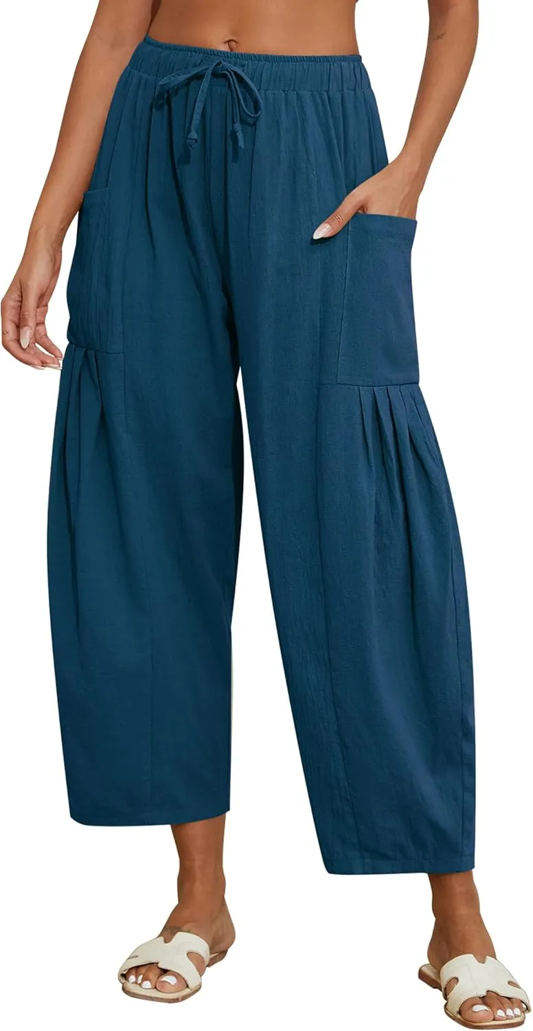 Women Linen Pants Wide Leg Boho Pants Loose Lightweigt Beach Palazzo Harem Pants with Pockets