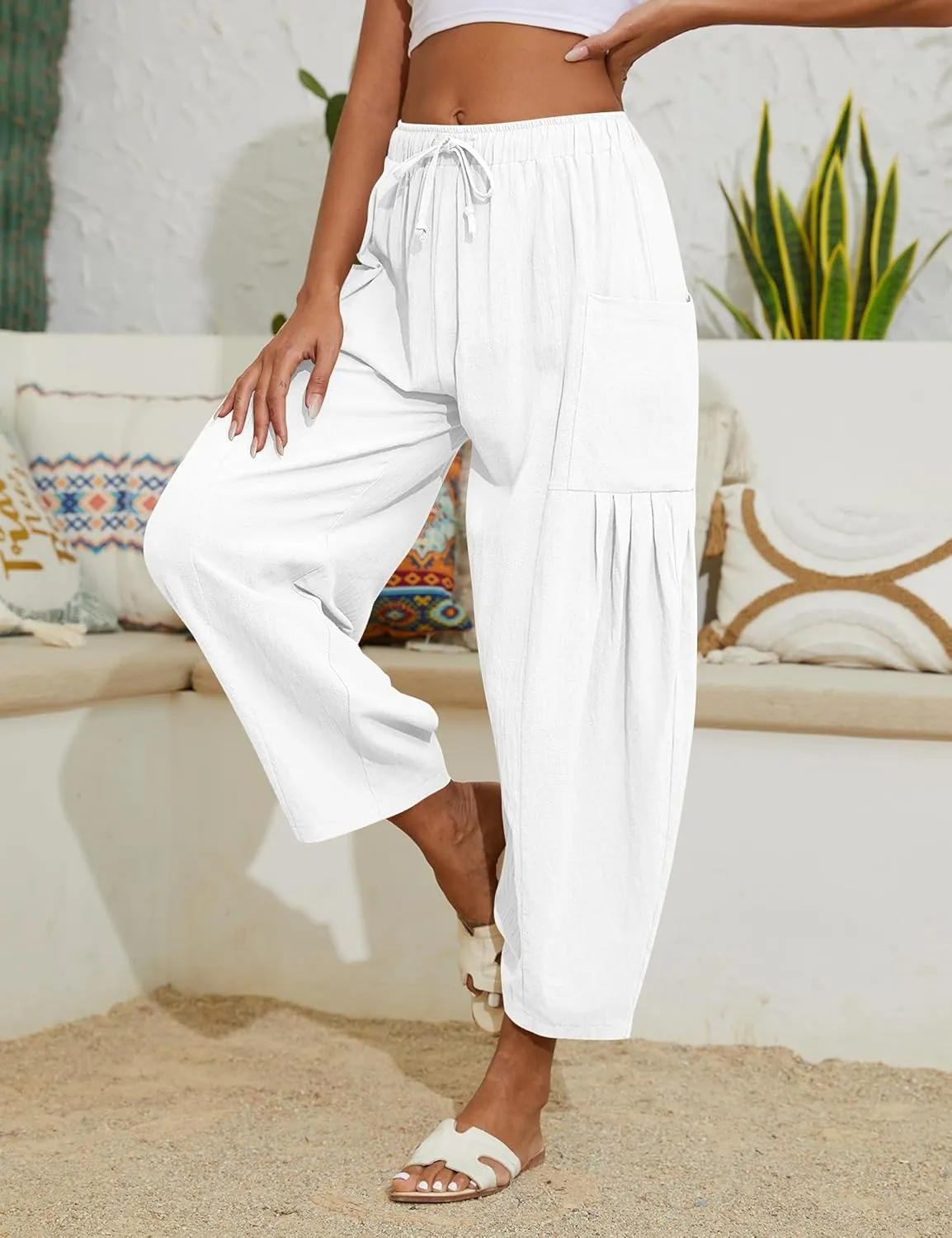 Women Linen Pants Wide Leg Boho Pants Loose Lightweigt Beach Palazzo Harem Pants with Pockets
