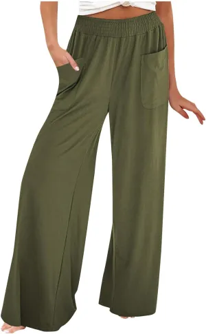 Women Linen Wide Leg Pants Casual High Waist Palazzo Pants with Side Pockets Flowy Beach Trousers for Summer