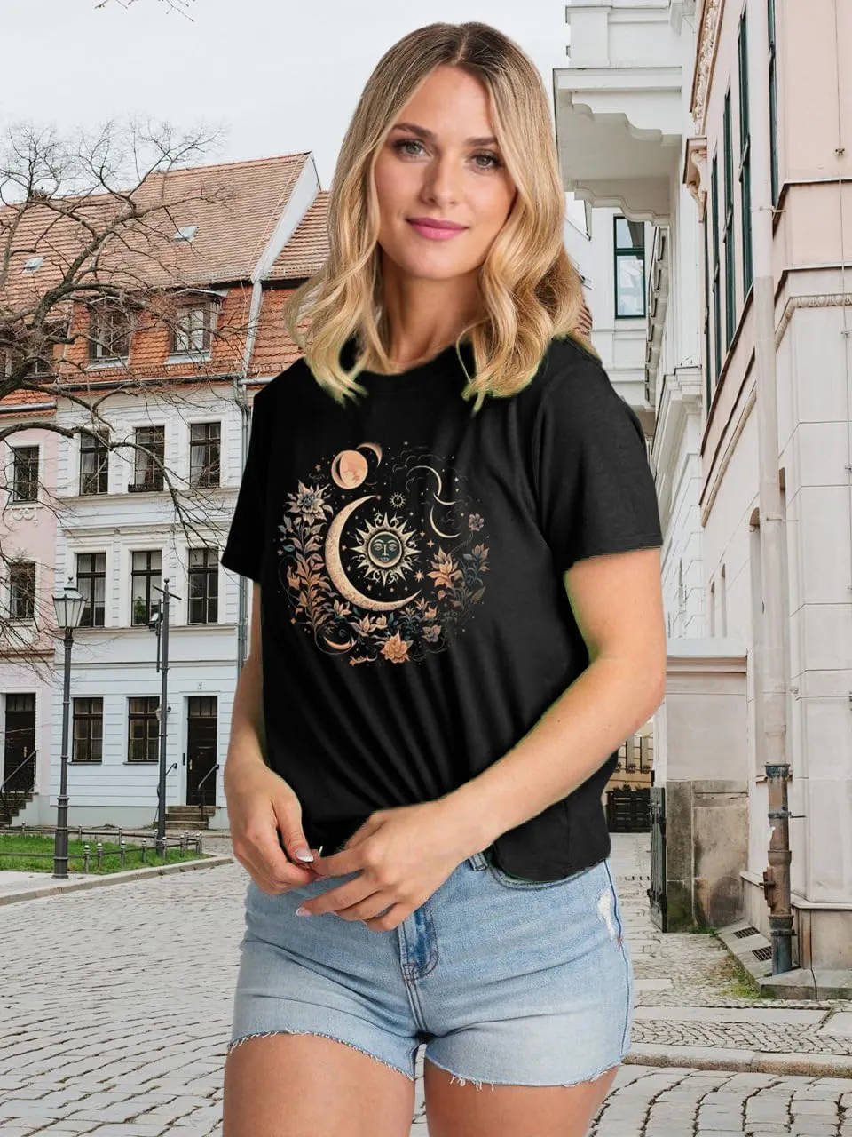 Women Mystical Moon and Sun Flower Shirt Vintage Wildflower T Shirts Boho Graphic Tees Short Sleeve Celestial Moon Tops