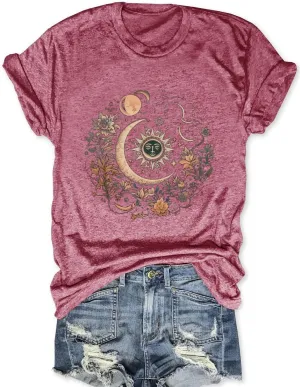 Women Mystical Moon and Sun Flower Shirt Vintage Wildflower T Shirts Boho Graphic Tees Short Sleeve Celestial Moon Tops