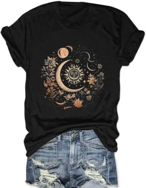 Women Mystical Moon and Sun Flower Shirt Vintage Wildflower T Shirts Boho Graphic Tees Short Sleeve Celestial Moon Tops