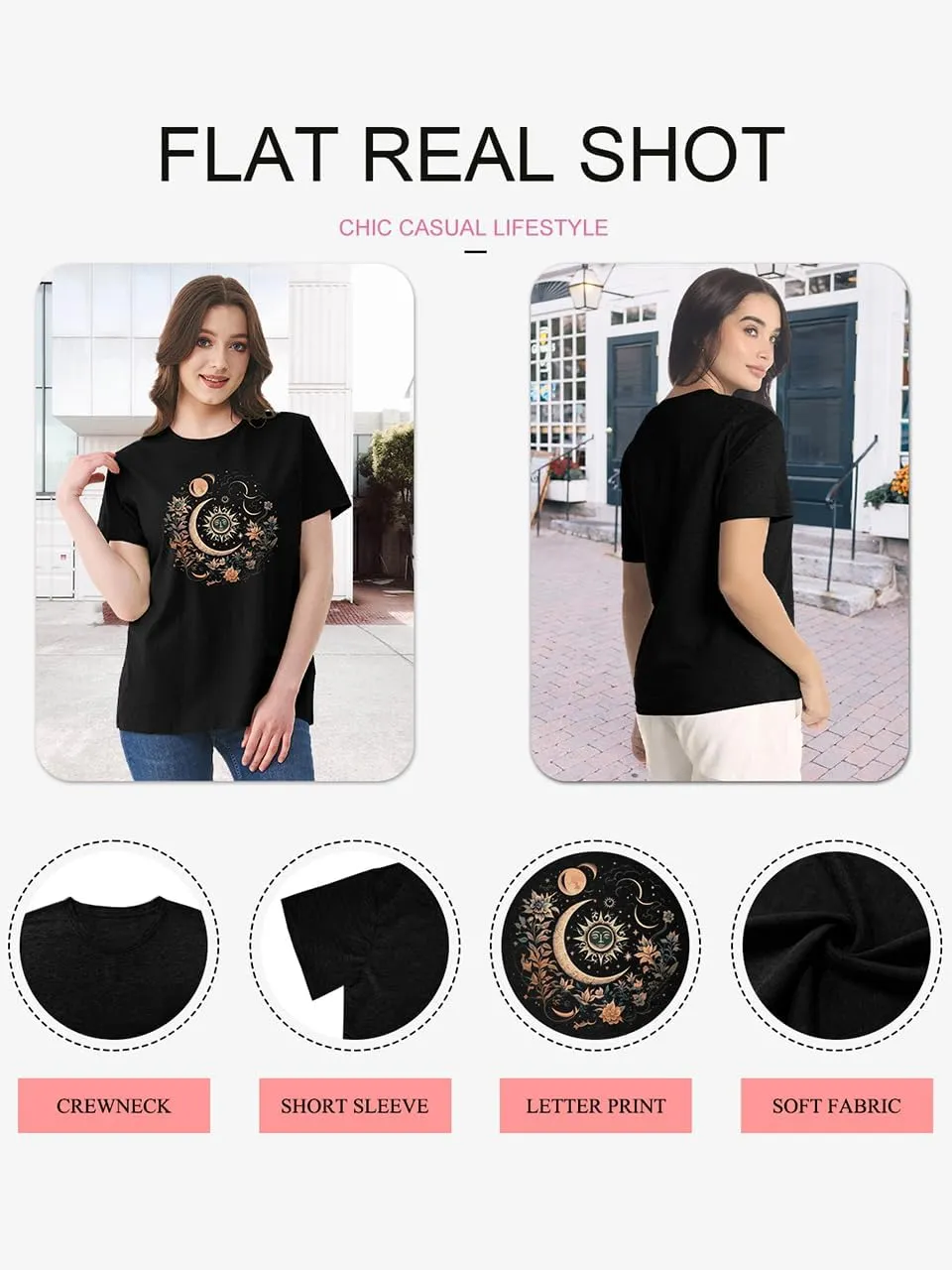 Women Mystical Moon and Sun Flower Shirt Vintage Wildflower T Shirts Boho Graphic Tees Short Sleeve Celestial Moon Tops