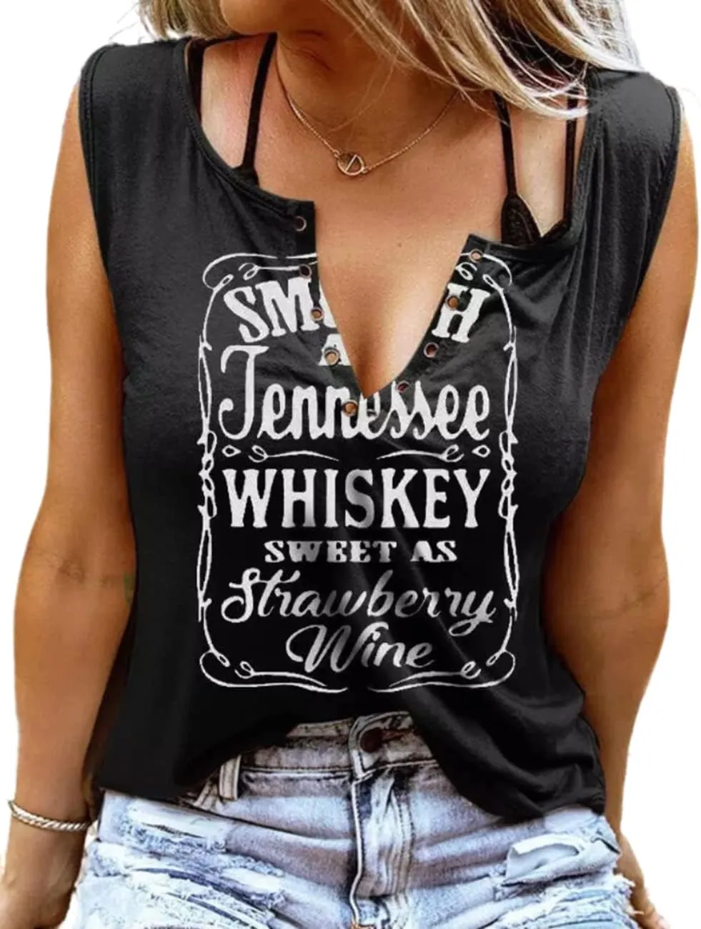 Women Summer Graphic Tank Tops V Neck Retro Country Music Sleeveless Tee Top