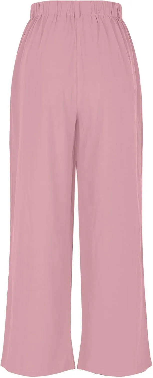 Women Summer Linen Pants Wide Leg High Waisted Capris Casaul Loose Fit Trousers with Pocket Beach Travel Outfits 2025