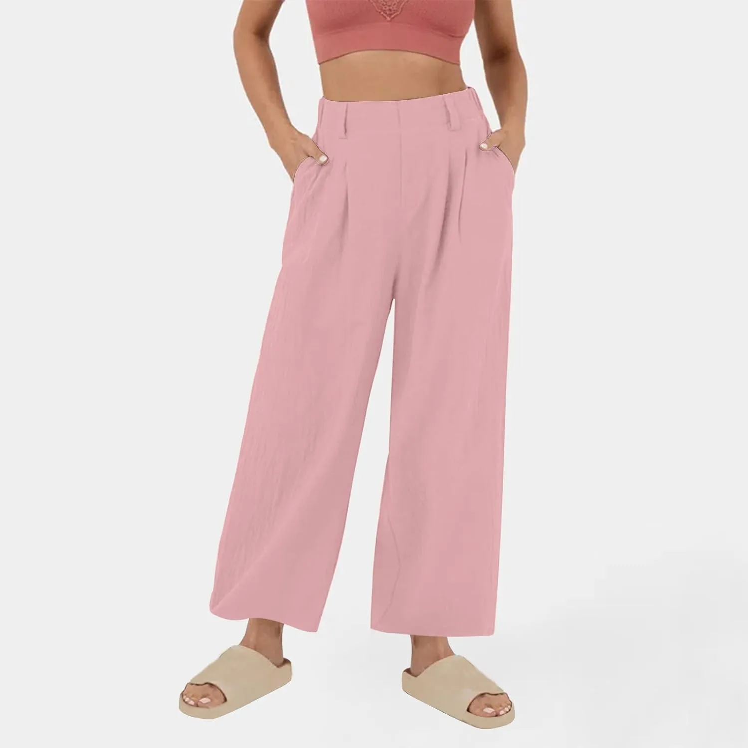 Women Summer Linen Pants Wide Leg High Waisted Capris Casaul Loose Fit Trousers with Pocket Beach Travel Outfits 2025