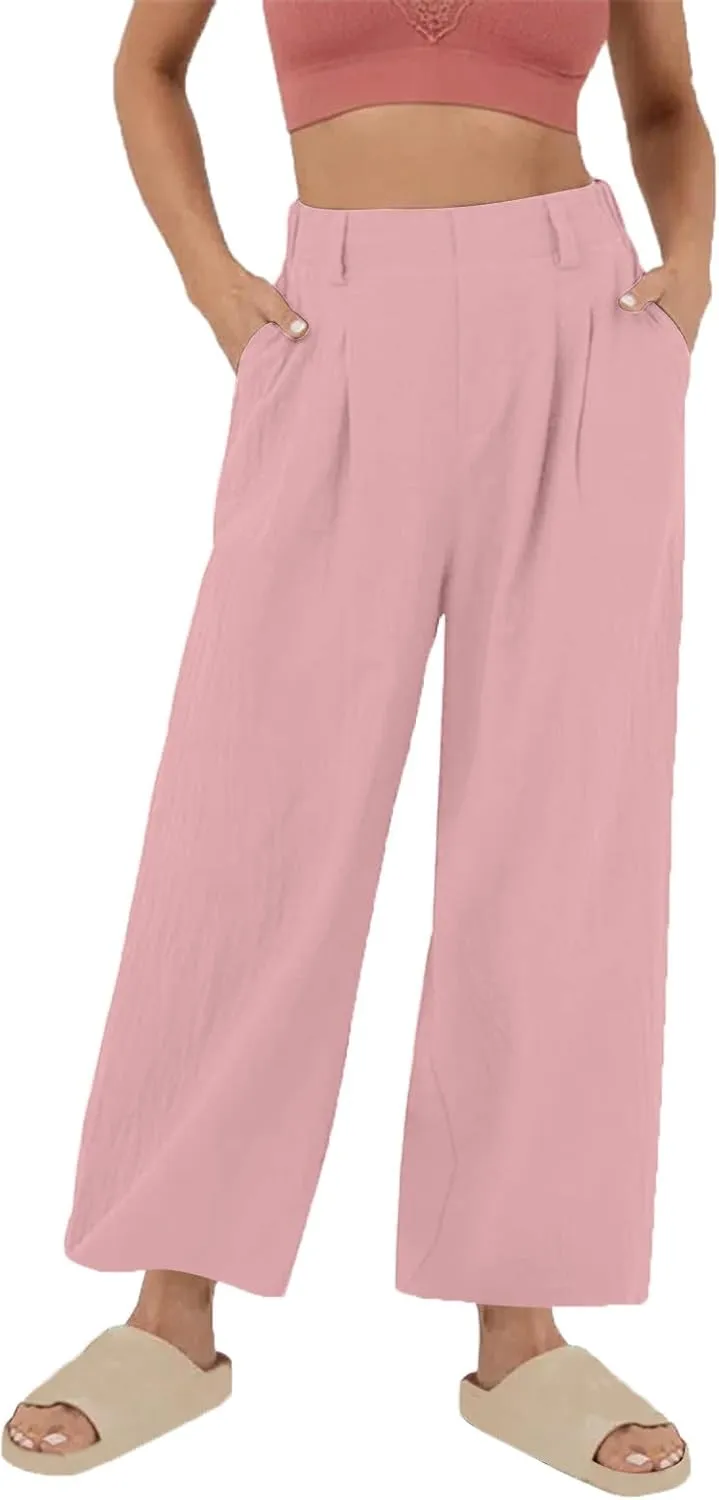 Women Summer Linen Pants Wide Leg High Waisted Capris Casaul Loose Fit Trousers with Pocket Beach Travel Outfits 2025