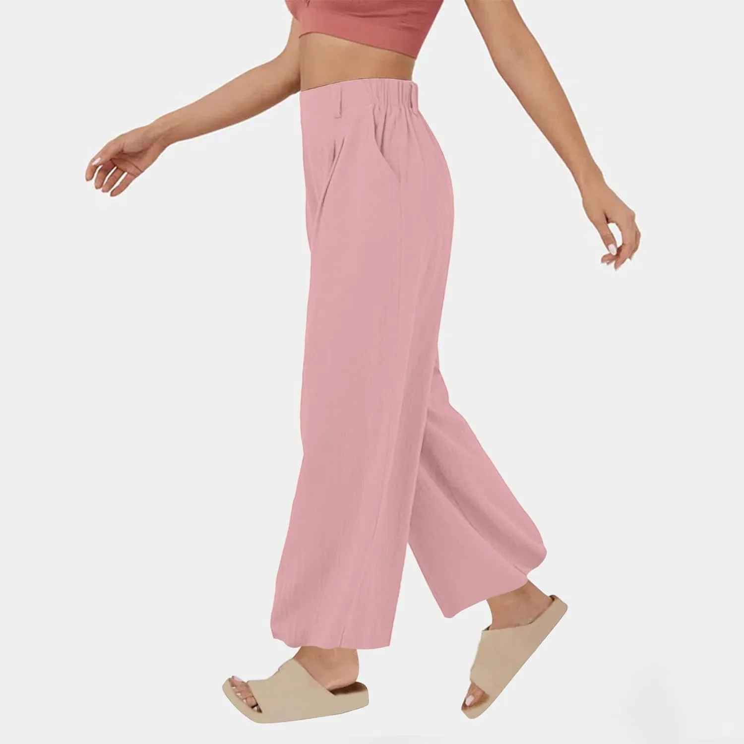Women Summer Linen Pants Wide Leg High Waisted Capris Casaul Loose Fit Trousers with Pocket Beach Travel Outfits 2025