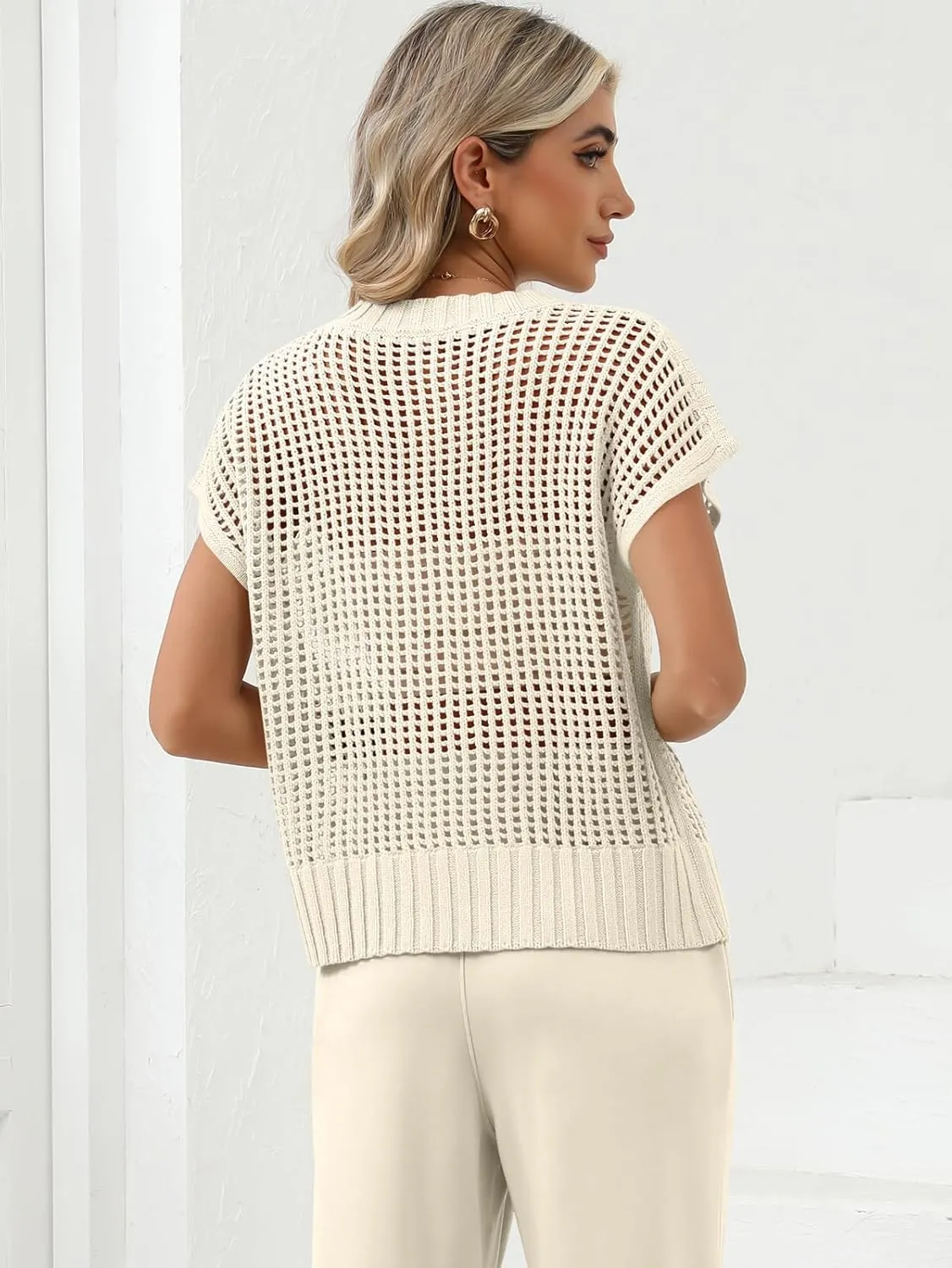 Women Summer Short Sleeve Crochet Sheer Knit Sweater Top Beach Cover Up Hollow Out Sexy See Through T-Shirts
