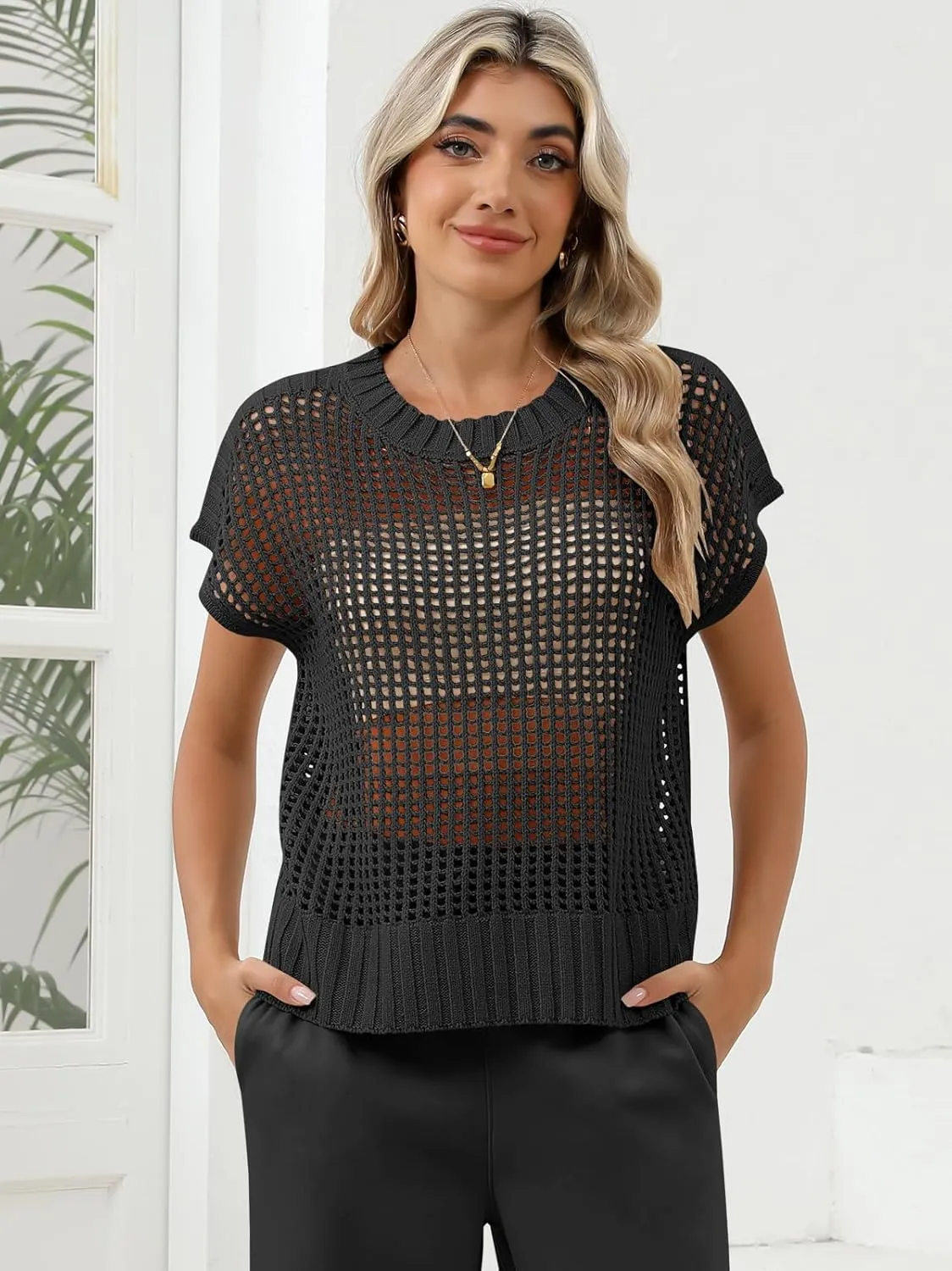 Women Summer Short Sleeve Crochet Sheer Knit Sweater Top Beach Cover Up Hollow Out Sexy See Through T-Shirts