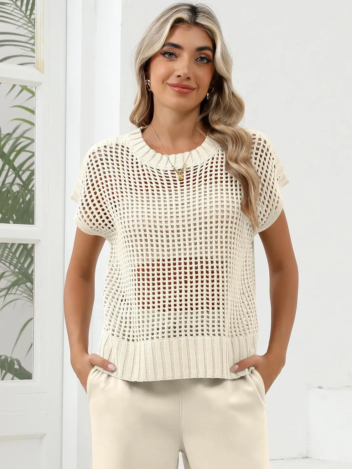 Women Summer Short Sleeve Crochet Sheer Knit Sweater Top Beach Cover Up Hollow Out Sexy See Through T-Shirts