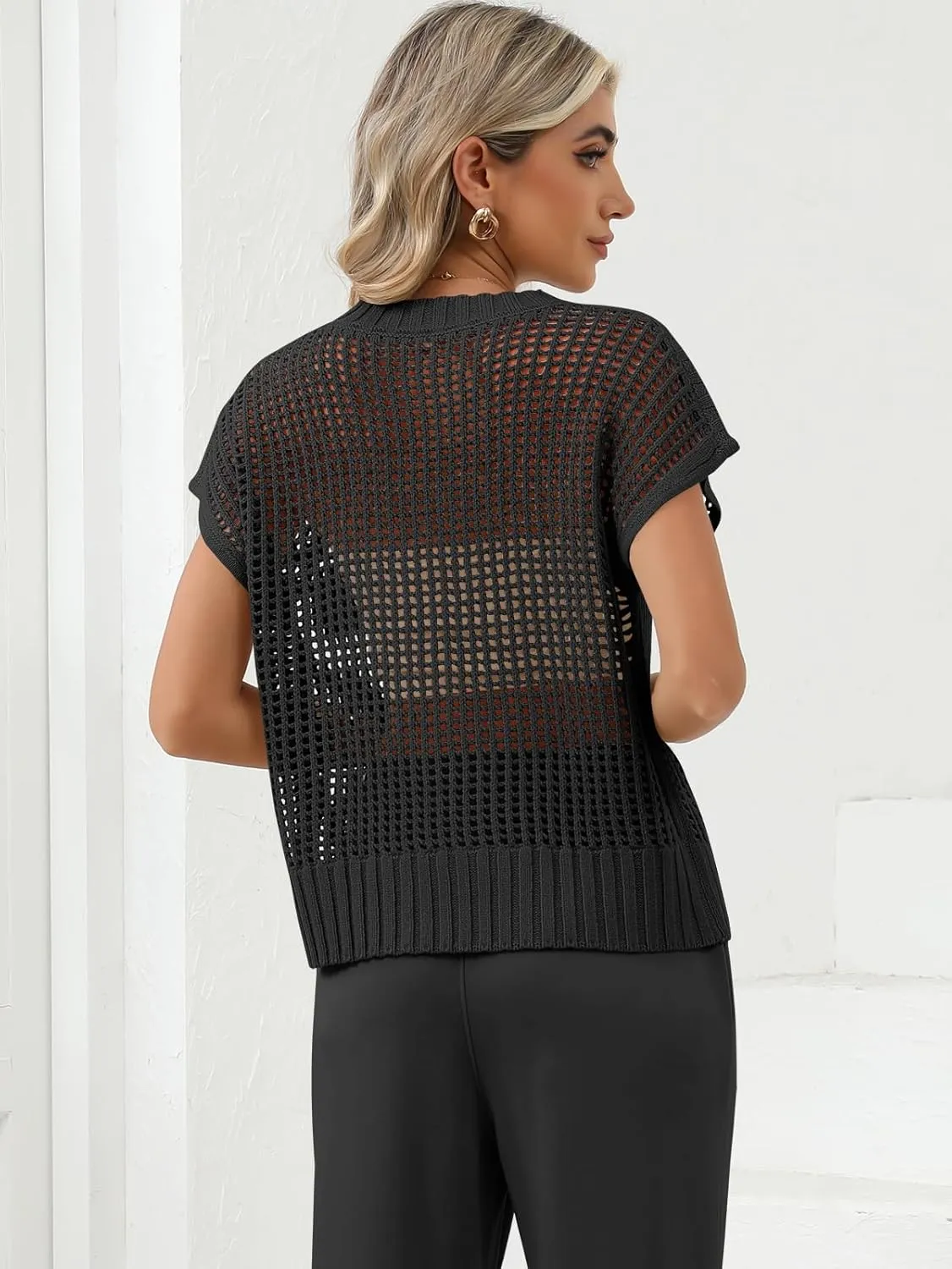 Women Summer Short Sleeve Crochet Sheer Knit Sweater Top Beach Cover Up Hollow Out Sexy See Through T-Shirts