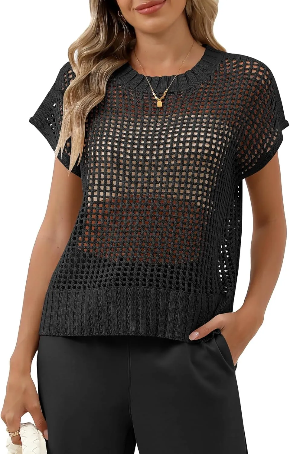 Women Summer Short Sleeve Crochet Sheer Knit Sweater Top Beach Cover Up Hollow Out Sexy See Through T-Shirts