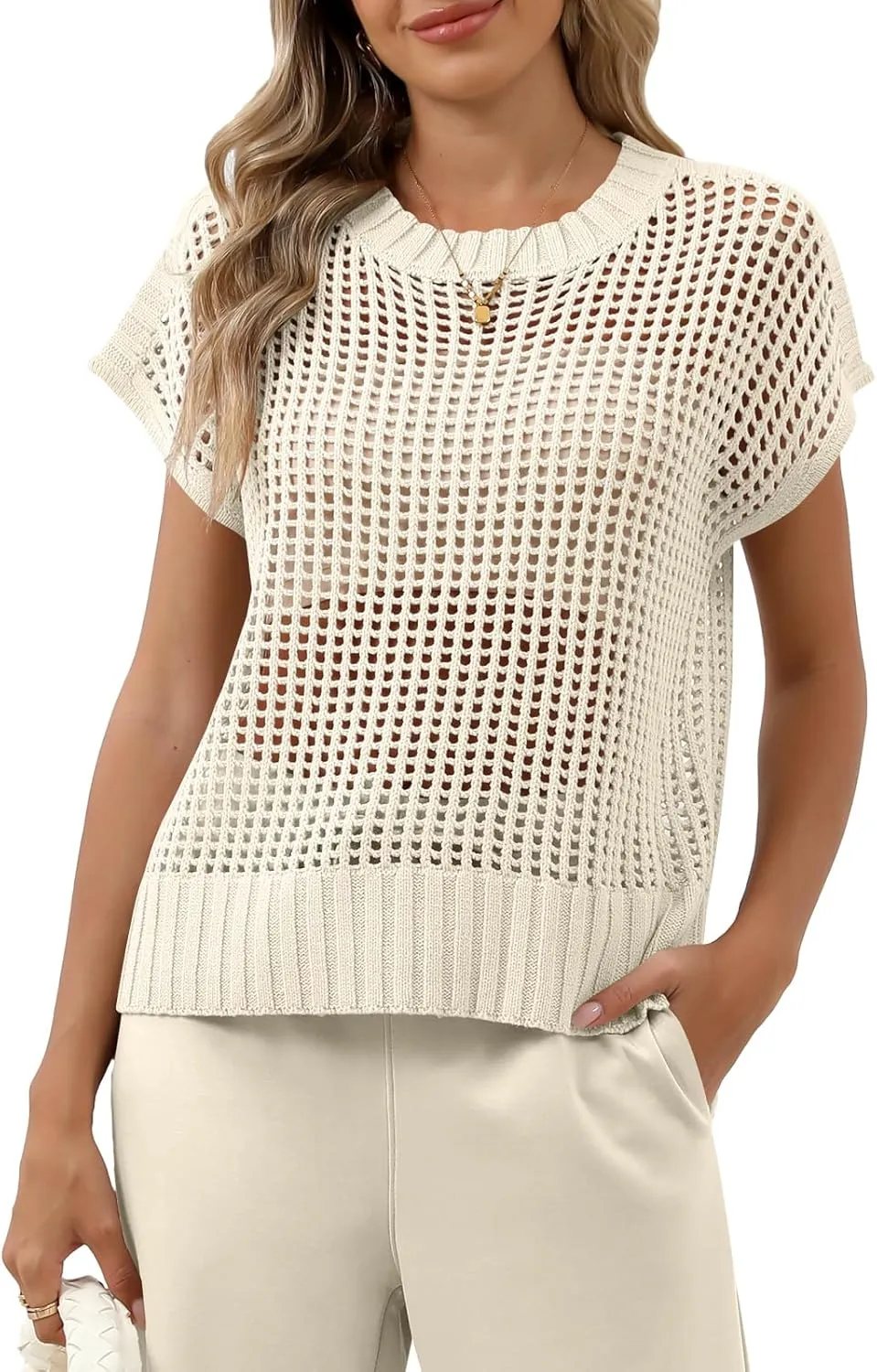 Women Summer Short Sleeve Crochet Sheer Knit Sweater Top Beach Cover Up Hollow Out Sexy See Through T-Shirts